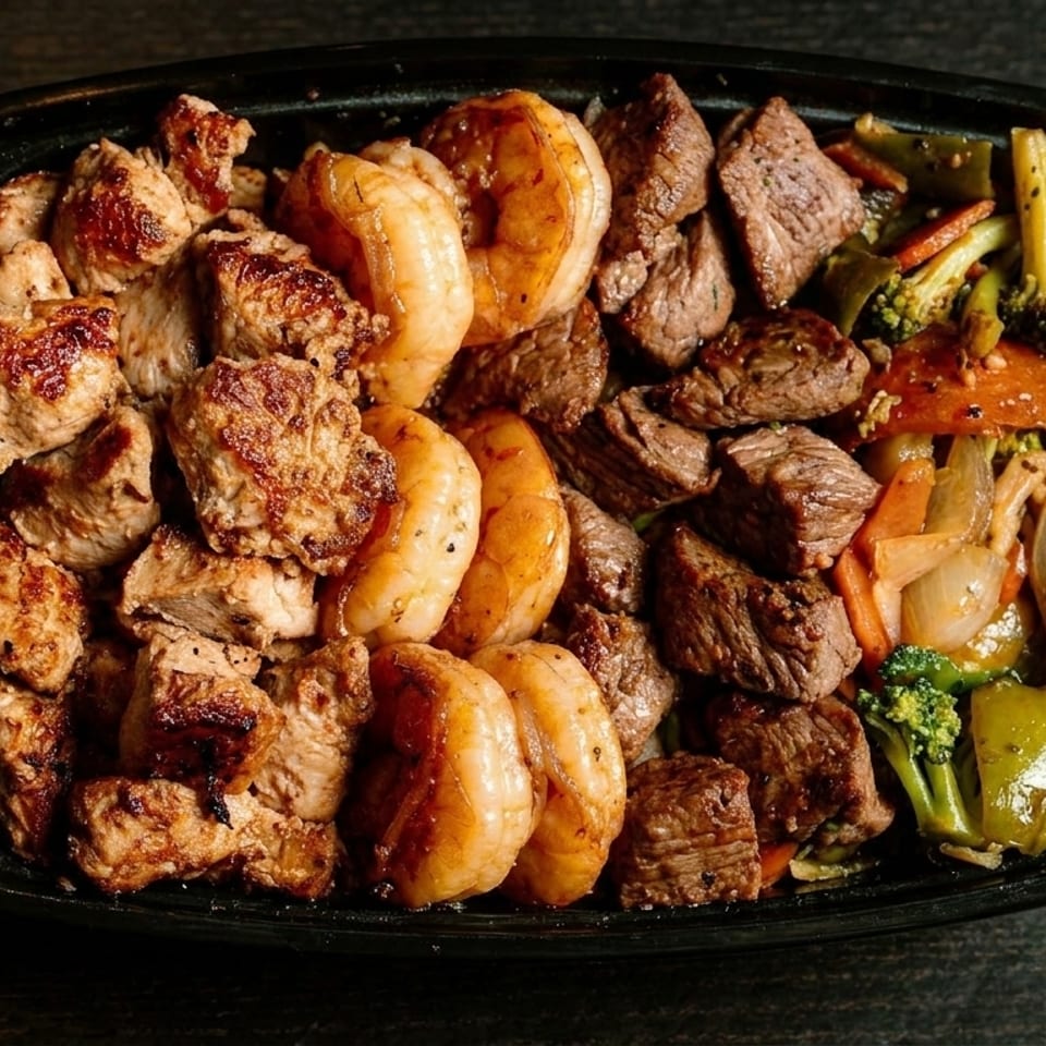 A black takeout container filled with grilled chicken, shrimp, beef, and stir-fried vegetables.